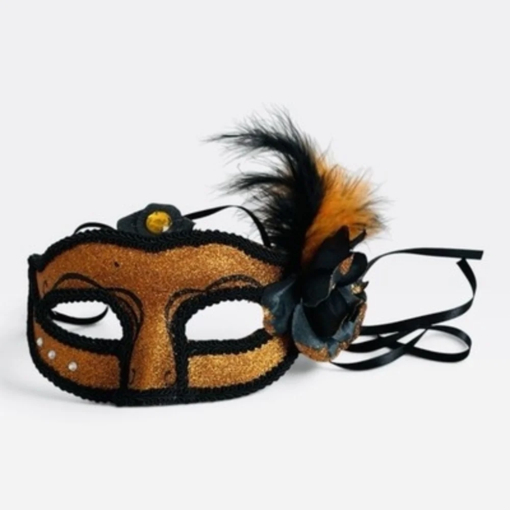Venetian Masquerade Mask Gold Glitter Feather Trim Halloween Costume Party VG